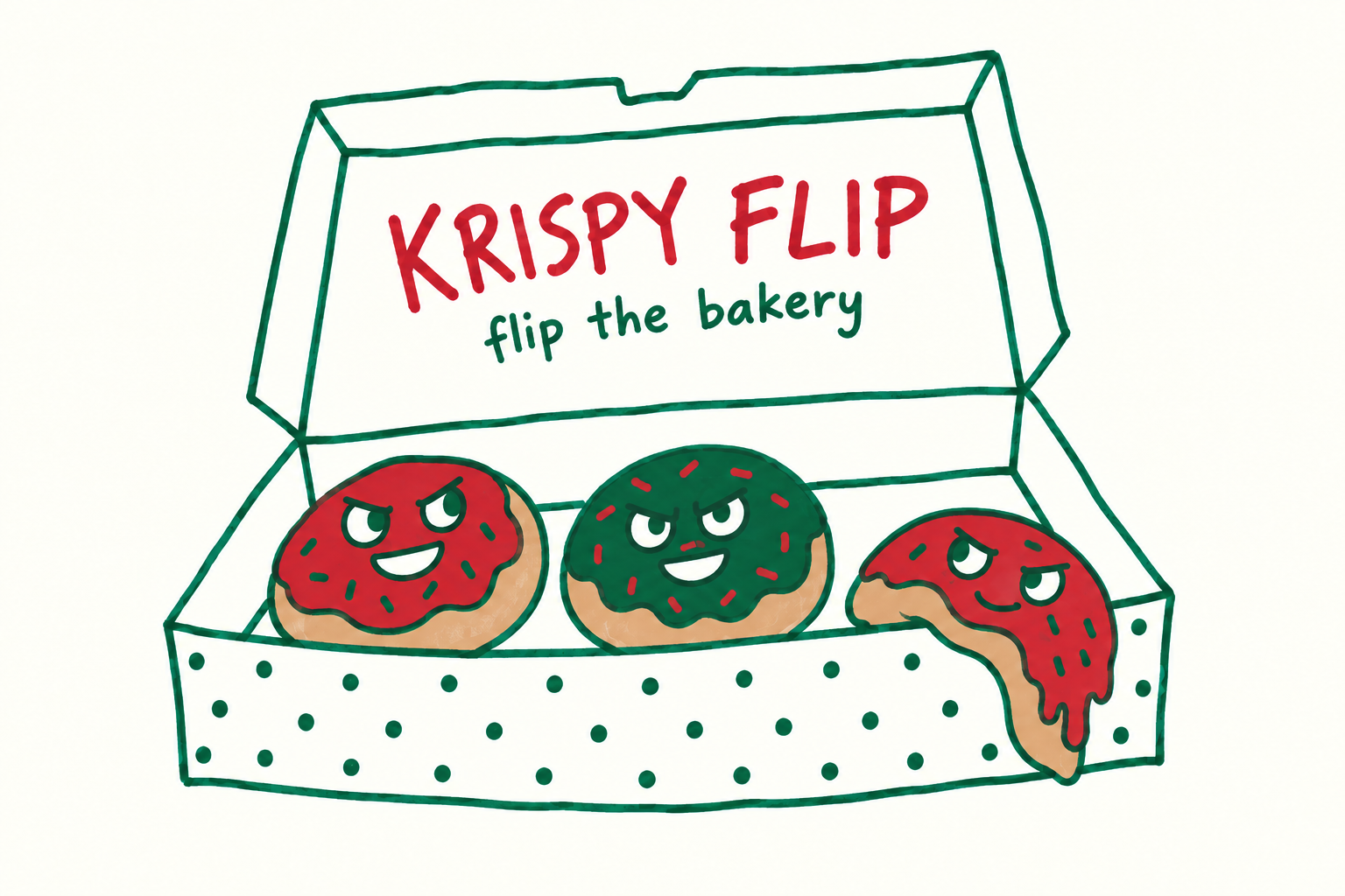 Three determined hand-drawn donuts in a wonky green and white Krispy Flip box